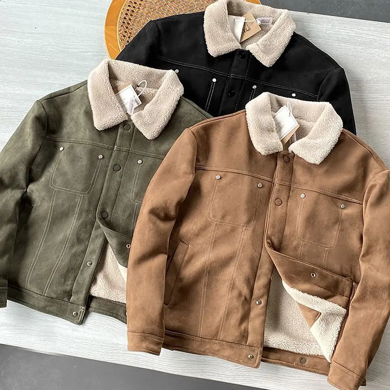 Autumn and Winter Mens Plush Thick Collar Suede Cashmere Cargo Jacket Retro Wool Cashmere Warm Jacket for Men 240823