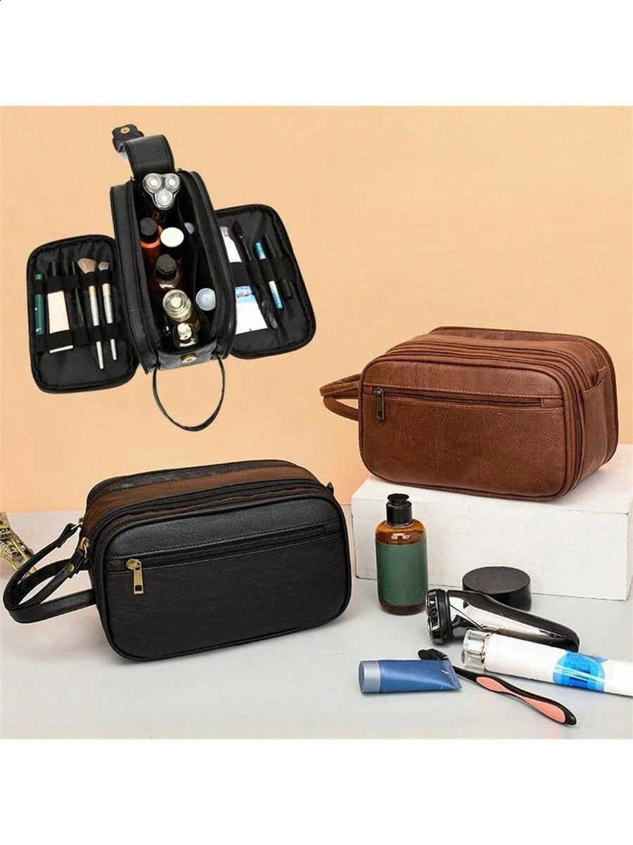 Mens travel shaving Dopp kit waterproof bathroom organizer PU leather cosmetic bag 240823