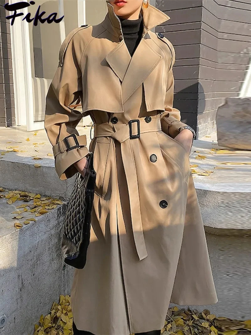 Elegant khaki womens long trench coat retro double chest black windproof coat Korean casual loose long battle robe 240824