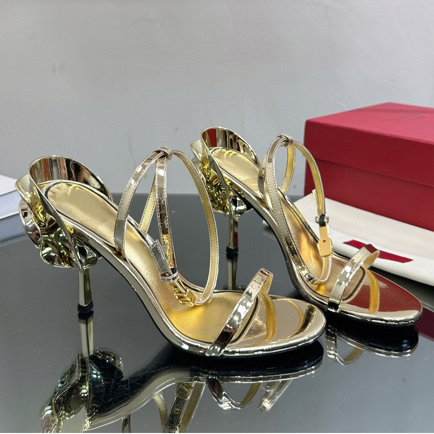 New flower Embellished Stiletto Heel Sandal 1959 ln Calfskin 100mm woman Rouge Pur Ankle high heeled sandal Luxury Designer shoes Fashion Wedding-image-925739413