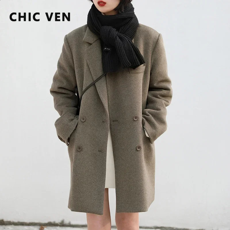 CHIC VEN Women Woolen Coat Solid Retro Clip Cotton Doublebreasted Long Thick Warm Winter Womens Overcoat Padded Office Lady 240823