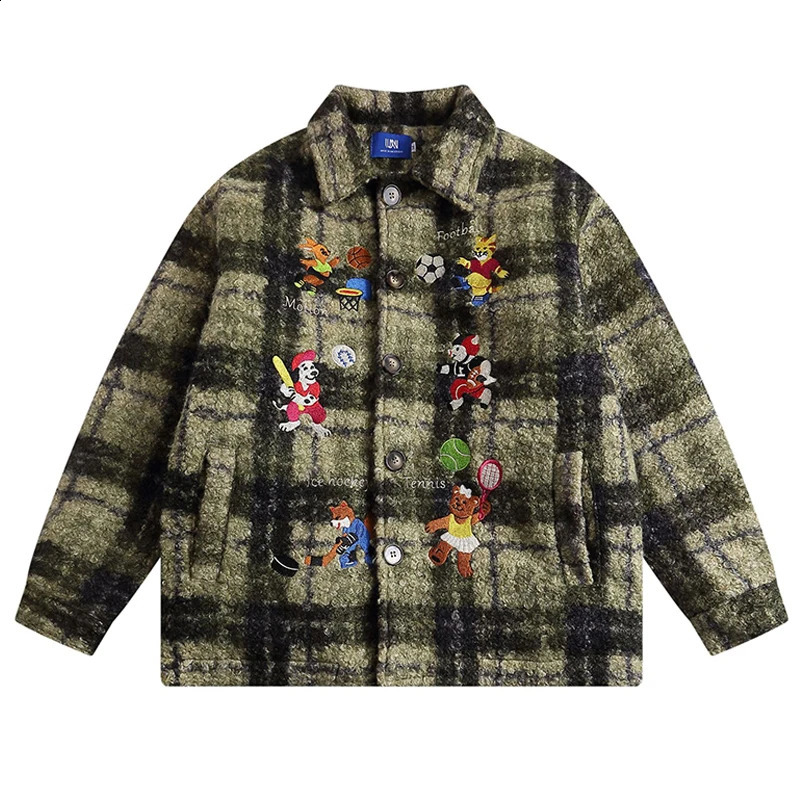 Cartoon Embroidery Plaid Quilted Jacket Mens Winter Casual Loose Retro Lapel Single Breasted Long Sleeve Outerwear Thick Men Top 240823