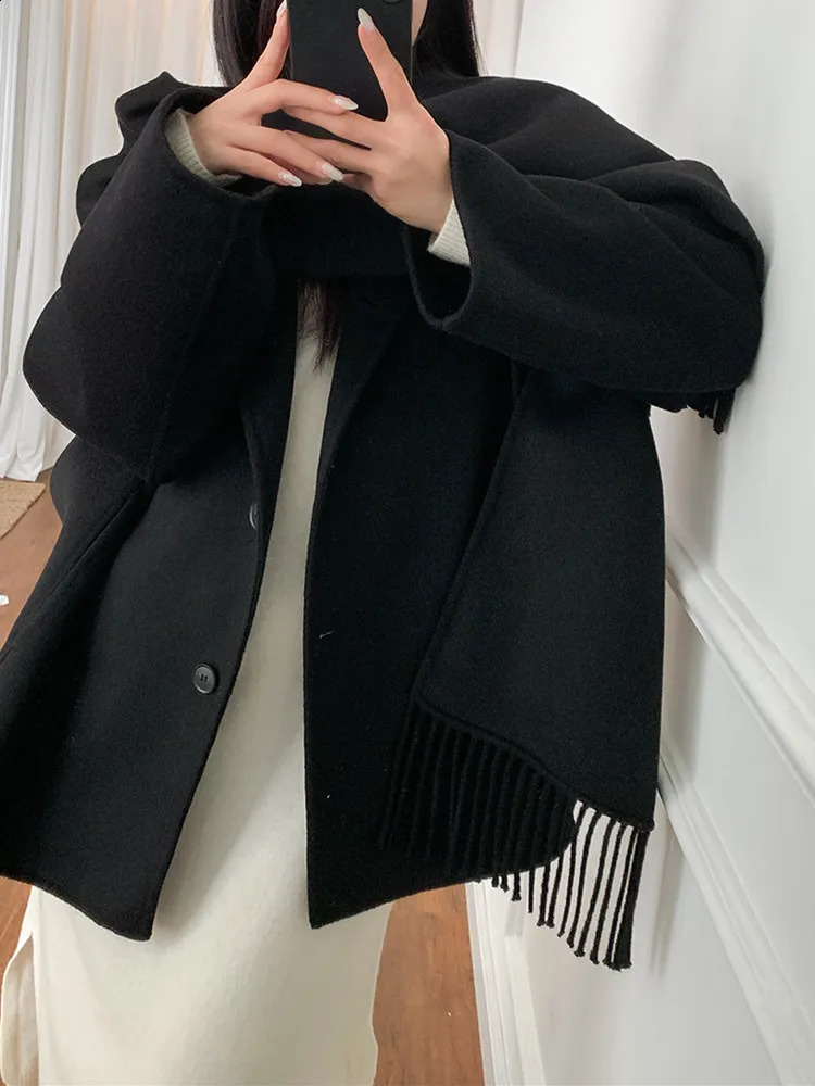 Women Woolen Tassels Scarf Collar Coat Stripes or Black Casual Single Breasted Fall Winter Long Sleeve Lady Jacket with Pockets 240823
