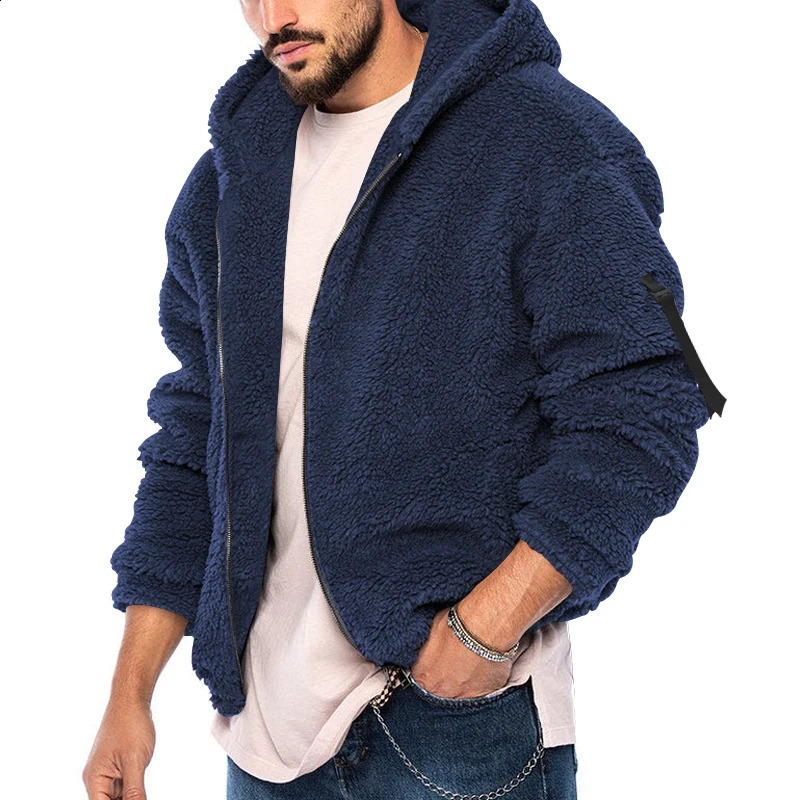 Fall Winter Mens Coat With Hat Double Sided Arctic Velvet Turn Down Collar Loose Plush Warm Male Hooded Jacket Zip jacket 240823