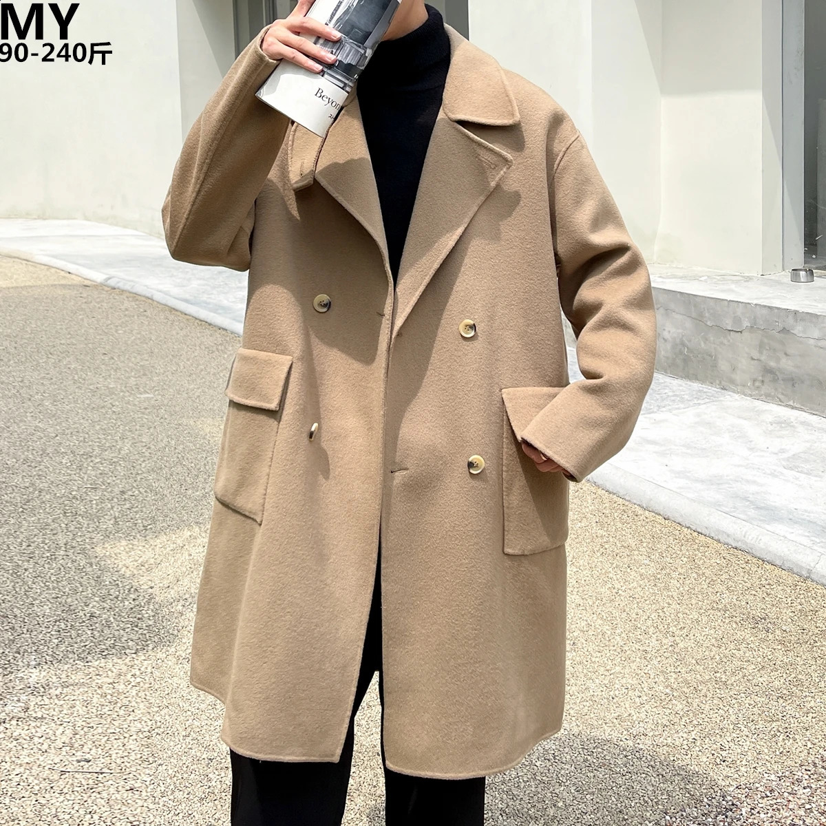 S-6XL high-quality double-layer wool coat mens autumn/winter Fattening plus size loose medium length windbreaker 240823