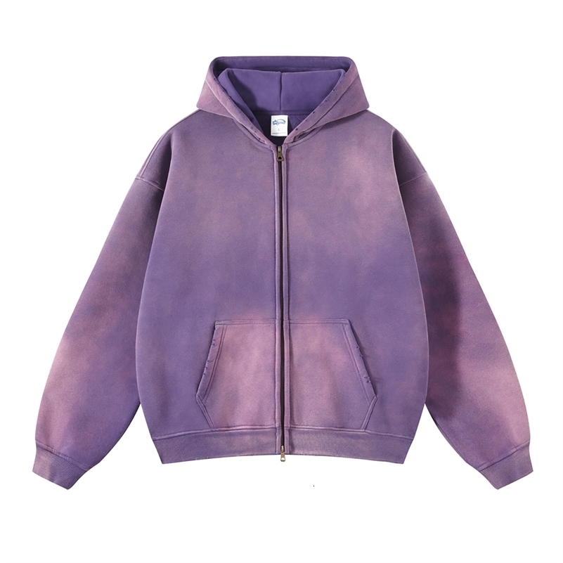 Mens Oversize Long Sleeve Washed Double Zipper Cardigan Hoodies Loose Plus Plush Gradient Womens Hooded Pullovers Winter 240823