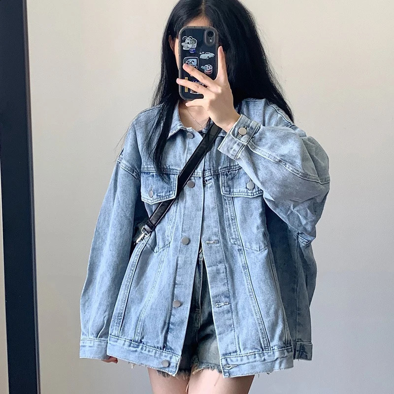 Korean Style Denim Jacket Women Autumn Long Sleeve Blue Coats Woman Retro Turn Down Collar Loose Jean Jacket Female 240823