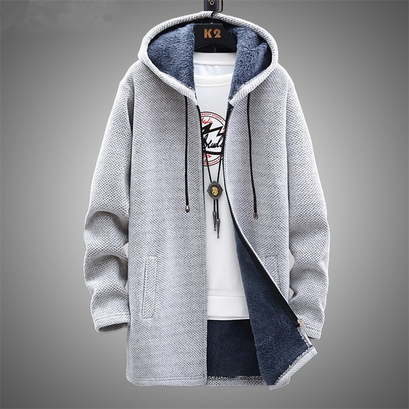 Winter Men Sweater Fleece Cardigan Jacket Mens Slim Sweaters Winter Long Hooded Sweater Thick Warm Coat Mens Clothing 240823