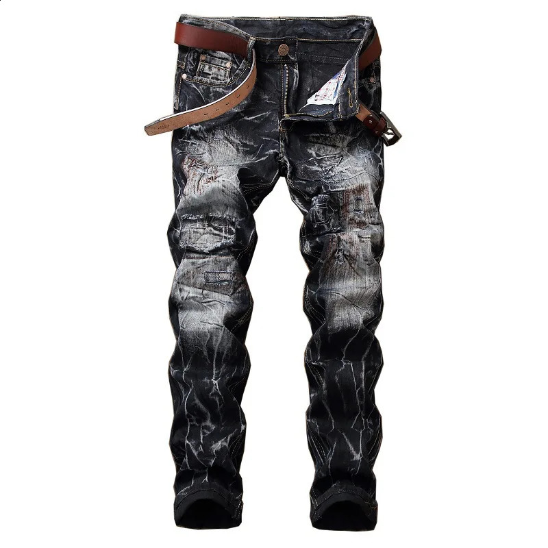 mens tear patch work jeans no stretch straight leg slim suitable for retro Distressed motorcycle denim Trouser mens style 240827