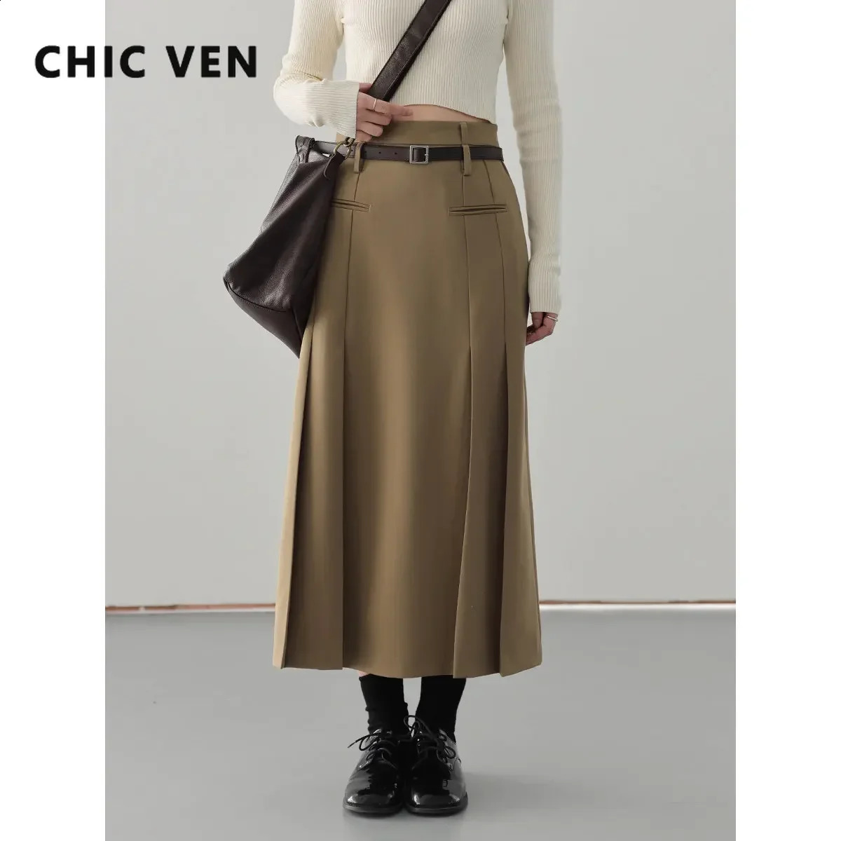 CHIC VEN British High Waist Pleated Solid A-line Skirt Womens Long Skirt Woman Clothes Outerwear Spring Autumn Fashion 240823