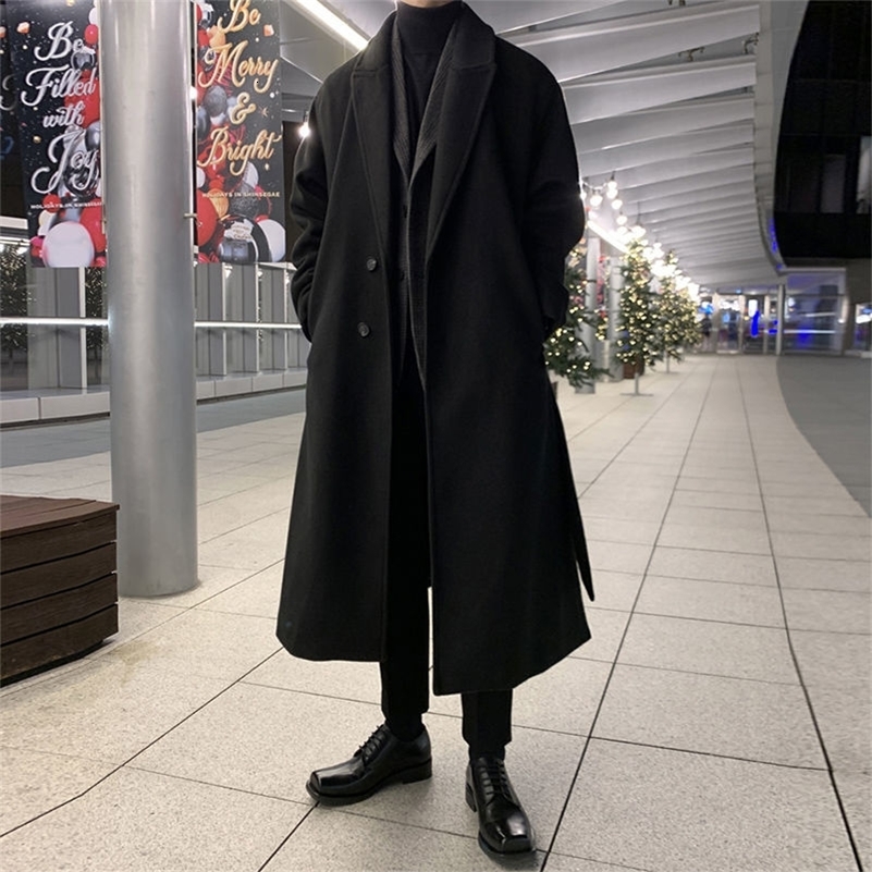 Winter Thickened Woolen Coat Men Warm Fashion Casual Long Korean Loose Oversized Belt Mens Overcoat y240823