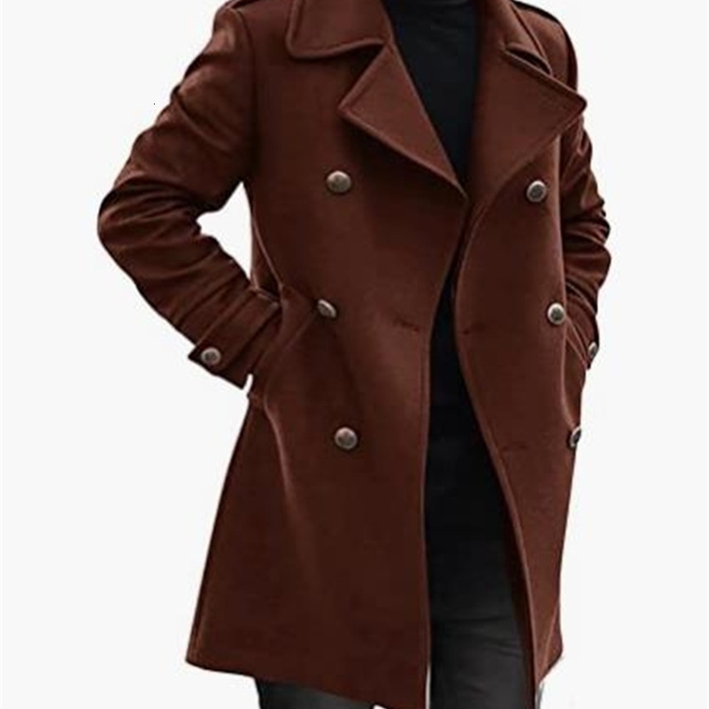 Mens Woolen Coats Lapel Long Coat Jackets Doublebreasted Solid Color Overcoat Autumn Winter Thick Trench Outwear y240823