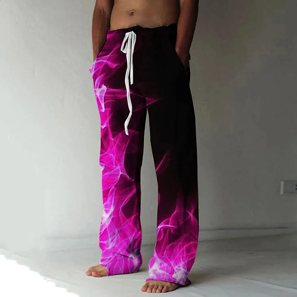 European and American direct sales mens beach pants 3D digital printing comfortable linen wide leg pants large-sized clothing fa 240823