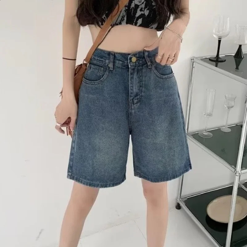 Womens Blue Denim Shorts Y2K Korean Summer Straight Slim American Retro Loose High Waist Wide-Leg Shorts Ins Casual Jeans 240823