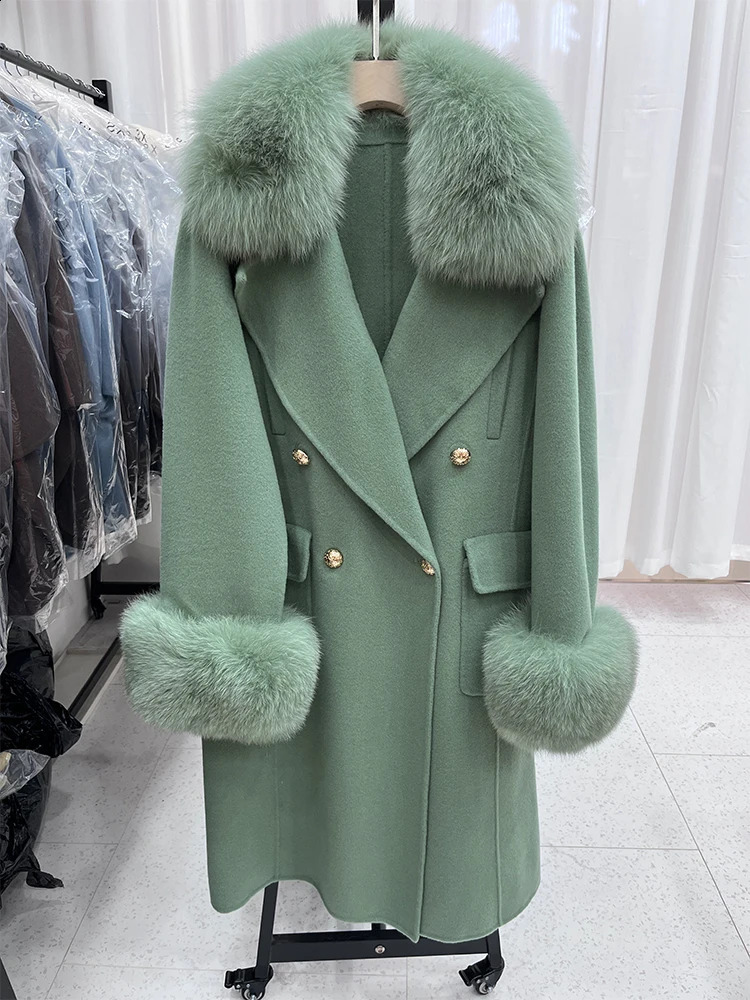 Womens Winter Coat Cashmere Wool Blended Genuine Fox Fur Collar Cuff Ultra Thin Style Womens Autumn Coat 240824