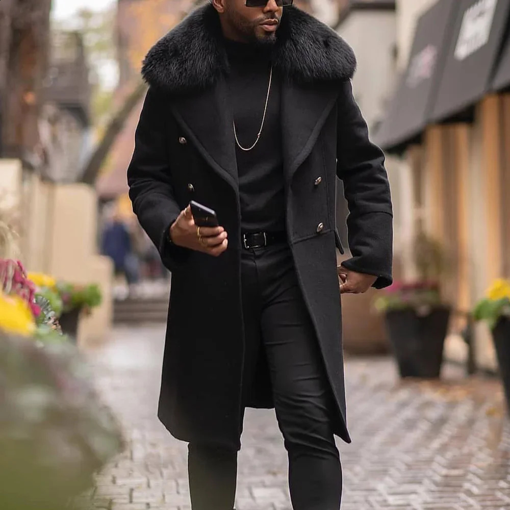 Mens Long Coats Winter Faux Fur Collar Men Woolen Jacket Overcoat Fashion Autumn Male DoubleBreasted Casual Outwear Coat 240823
