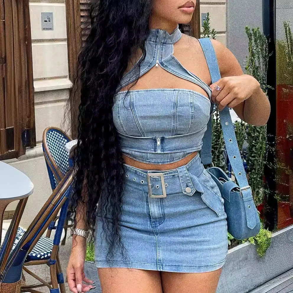 Denim Crop Tops Robe 2 pièces Mini jupe Ensembles Femmes Robe de cargaison sexy Y2K Jean Jean Ensembles de deux pièces Tenues d'été Vêtements 240