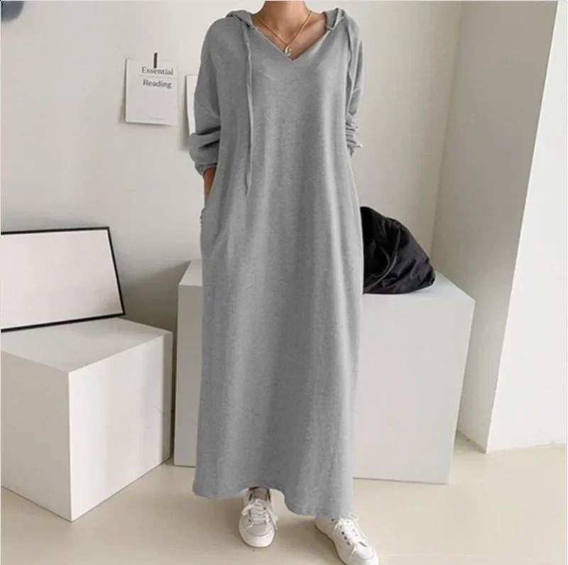 Autumn Womens Dress Fashion Simple Retro Hooded Dress Sweatshirt Winter Long Sleeve Pocket Solid Hooded Robe 240824