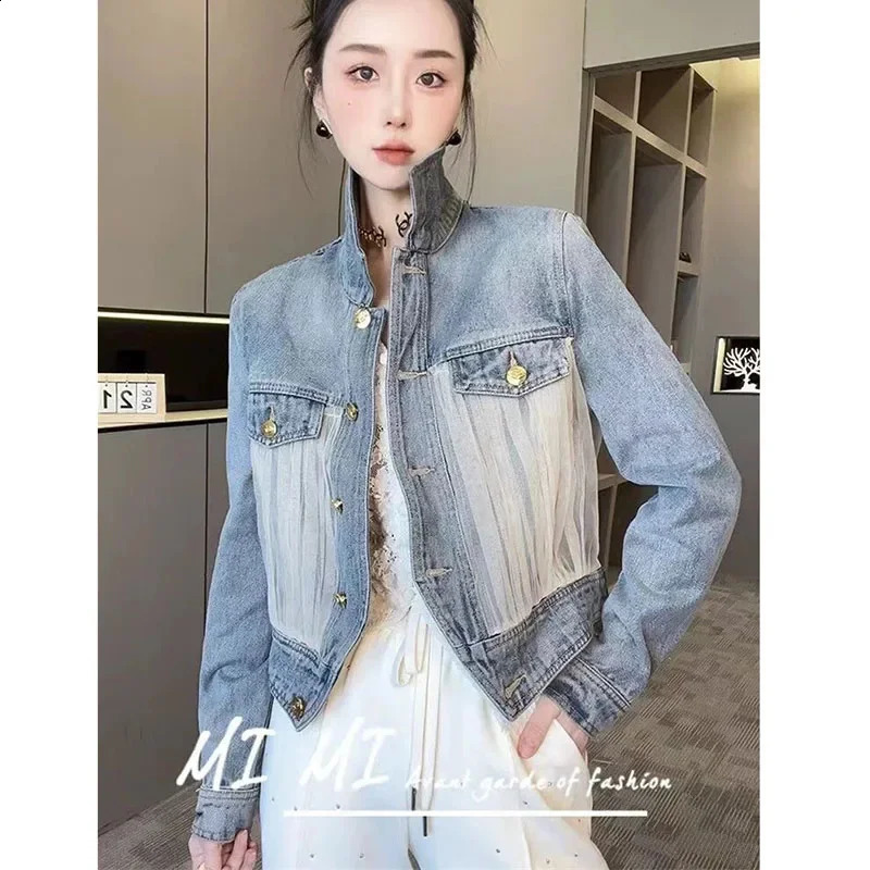 Spring Autumn Denim Jacket Womens Denim Clothing Mesh Splicing Sense Ladies Clothing Retro Temperament Cowgirl Coat 240823