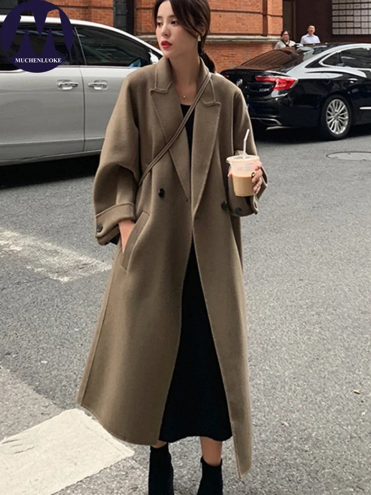 Womens Long Wool Blends Coat Elegant Temperament Lace Up Coats Casual Fashion Loose Autumn Winter 240823