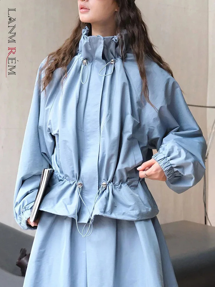 Lanmrem DrawString Stand Neck Veste pour les femmes Cardigan à glissière Long Manche à manches coréennes Automne 26d9787 240823