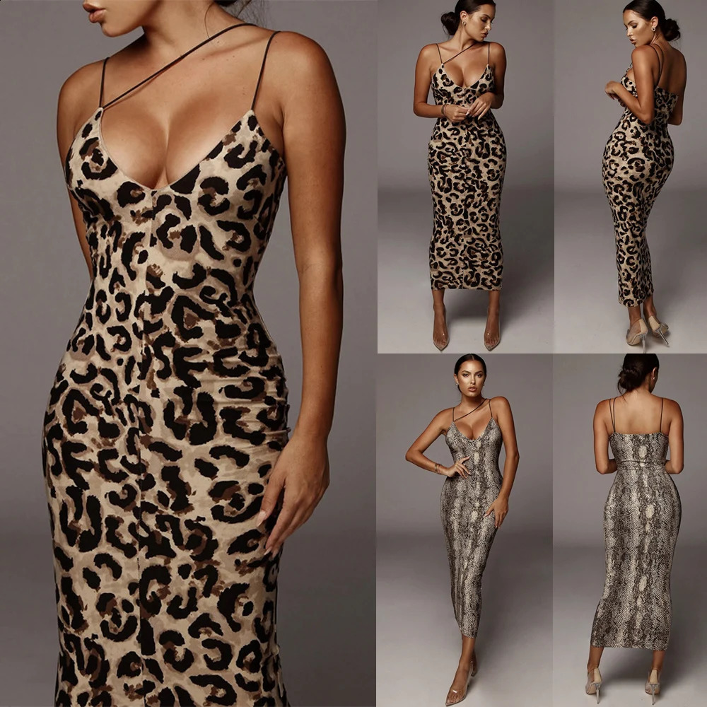 Sexy V Neck Leopard Slim Long Dress Women Spaghetti Strap Backless Slim Strappy Snake Sheath Party Club Pencil Dress Vestidos 240823