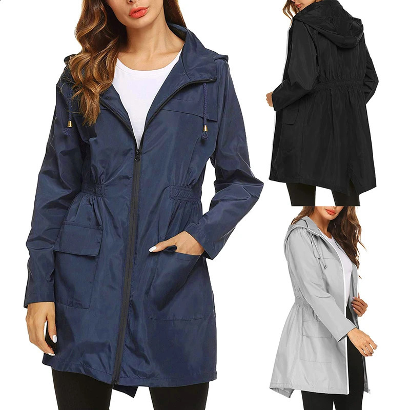 Womens lightweight jacket windproof and waterproof raincoat womens hooded outdoor hiking long rain hat raincoat 240824