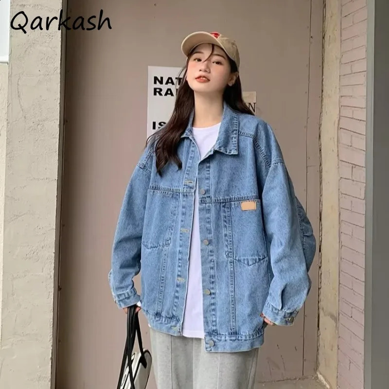 Denim Jackets Women American Retro Washed Spliced Autumn Fashion All-match Long Sleeve Single Breasted Baggy Tops Hipster 240823