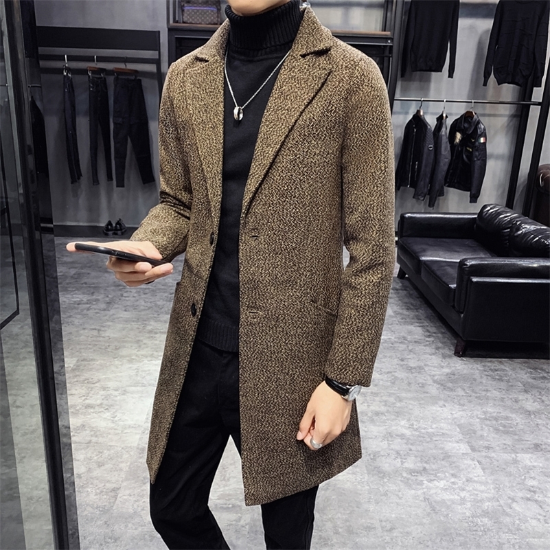 Mens Fashion Warm Casual Windbreaker Long Coat 2023 AutumnWinter Solid Color Woolen Slim Fit y240823