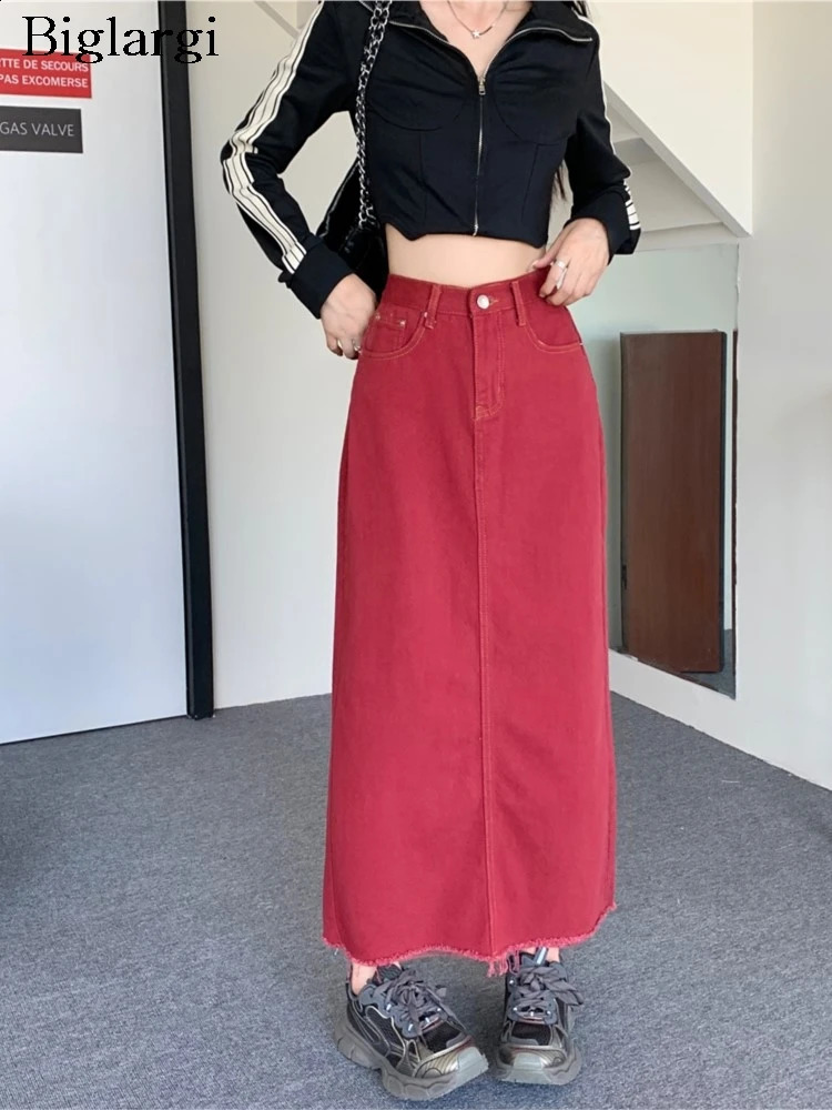 Denim printemps automne jupes longues A-Line Femmes rétro modis hautes hautes Split plissés jupes de style coréen jupes femme décontractée 240823
