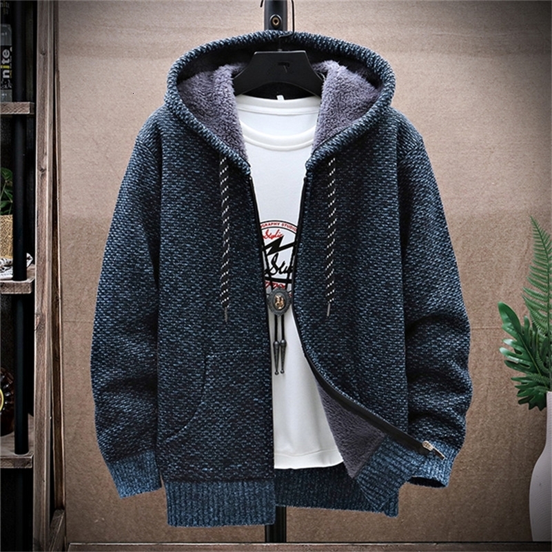 Winter Fleece Sweatercoat Men Thick Warm Hooded Kintted Mens Sweater Cardigan Solid Casual Knitting Jacket Coat Male Clothing 240823