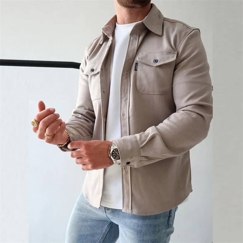 Autumn Winter Men Long Sleeve Lapel Outerwear Coats Man SingleBreasted Solid Color Pocket Mens Casual Shirt Jackets y240823