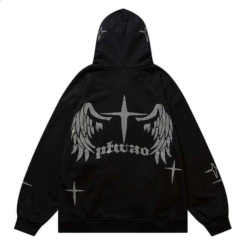 Hip Hop Hooded Sweatshirt Jacket Vintage Wing Letters Print Full Zip Up Hoodie Jackets Autumn Harajuku Casual Cotton Coats 240823