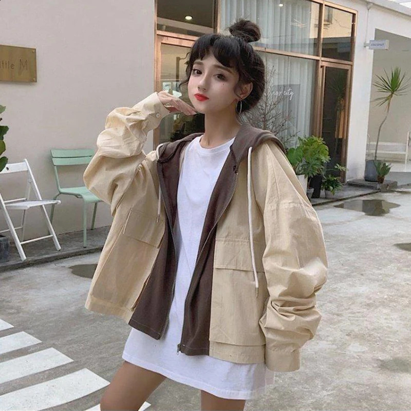 HDSPQ VINTAGE HOODED Patchwork Jacket Femme Spring Automne Fashion Fashion Short Couches de cargaison Femme Femme Coréenne Étudiant Loose par rev