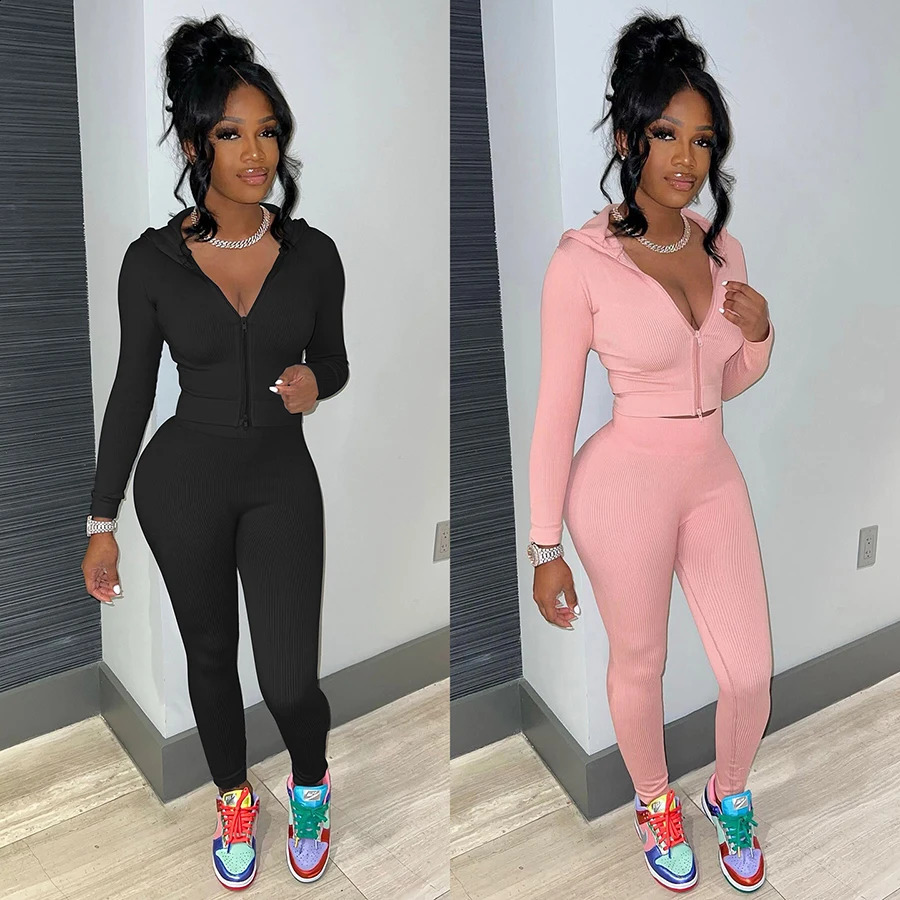 Fall Clothing casual womens zipper two-piece dress hooded sweater jogging set 240823