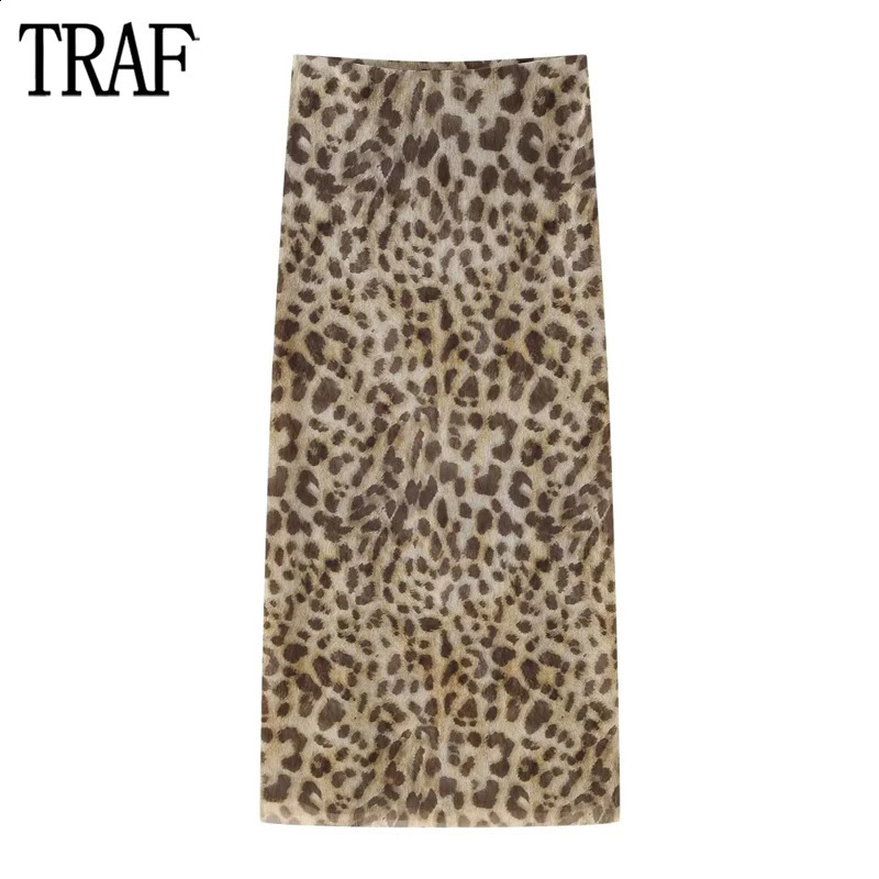 TRAF Leopard Print Tulle Skirts for Woman High Waist Long Skirt Woman Summer Beach Womens Skirts Streetwear Straight Midi Skirt 240823