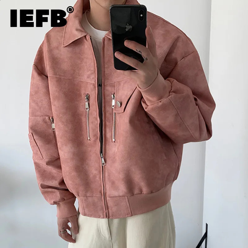 IEFB American Style Male Coats Zipper Patchwoek PU Leather Tops Turn-down Collar Casual Solid Color Mens Jackets Autumn 9C6812 240823