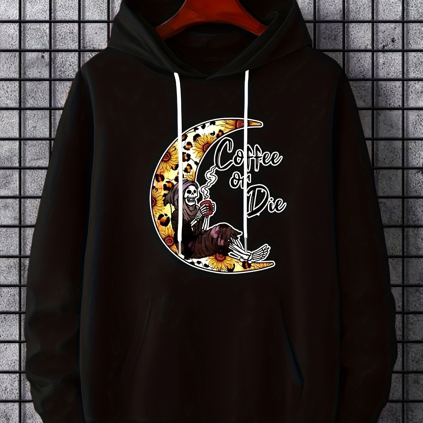 Moon And Skeleton Print Hoodies For Designer Men, Graphic Hoodie With Pocket, Comfy Loose Trendy Hooded Pullover, Mens Clothing For Autumn W