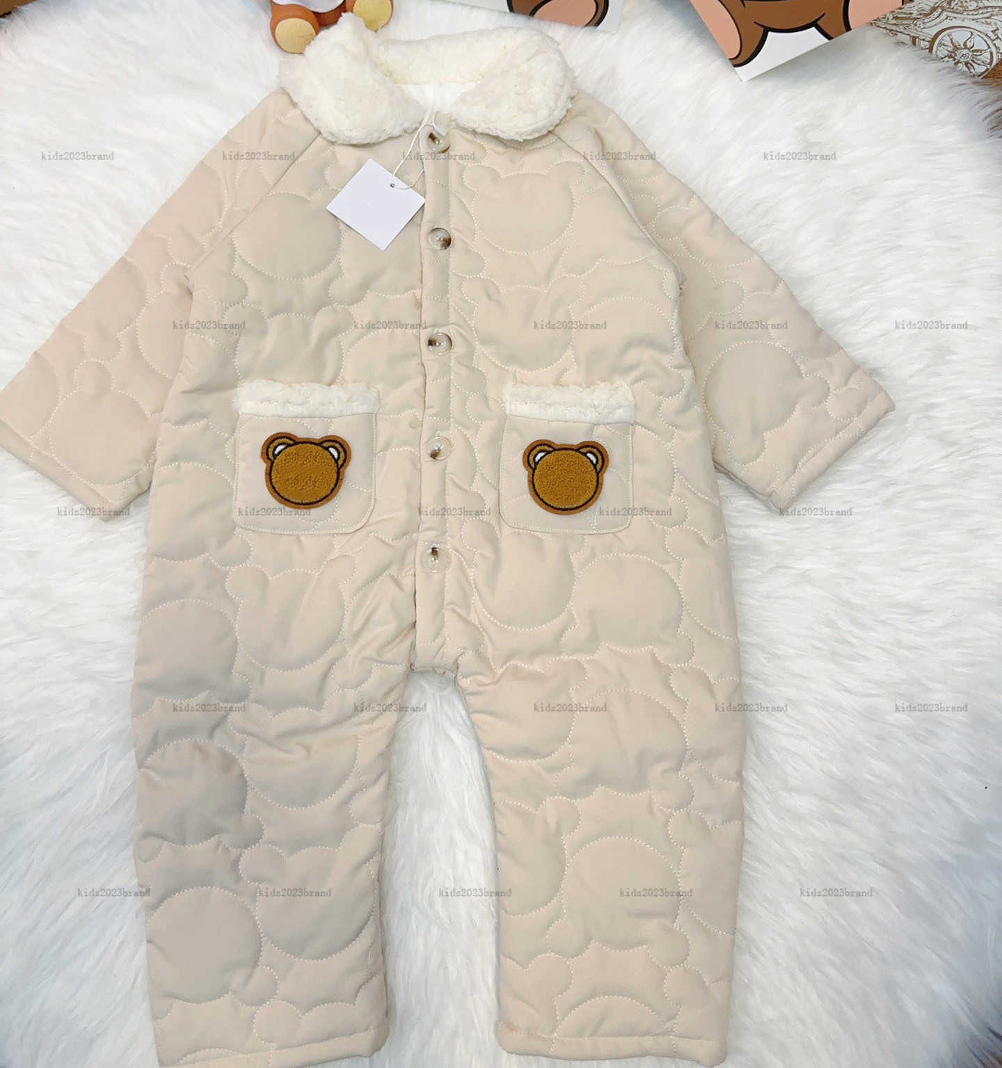 New cotton toddler jumpsuits Plush lapel new born baby clothes Size 66-100 Doll Bear Pattern Winter infant bodysuit-image-1014372722
