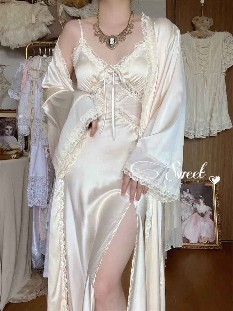 Automne Silk Sexy Bollage Robe Femme Femmes décontractée coréen Elegant Long Split Dress Patch Work Lace Robe Foasable Elegant V-Colon 240824