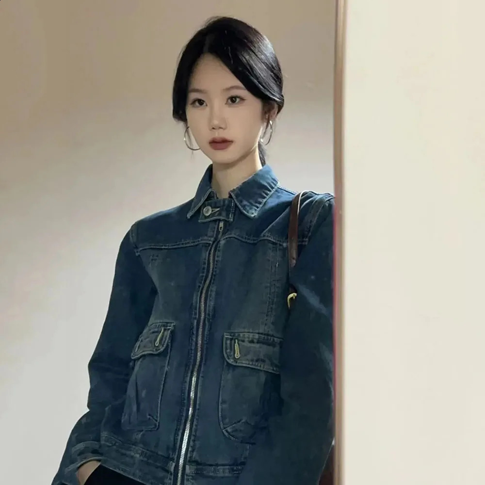 Autumn Retro Lapel Blue Womens Denim Jacket Slim Personality sweet Jean Coat Ladies Elegant y2k Long Sleeve Tops 240823