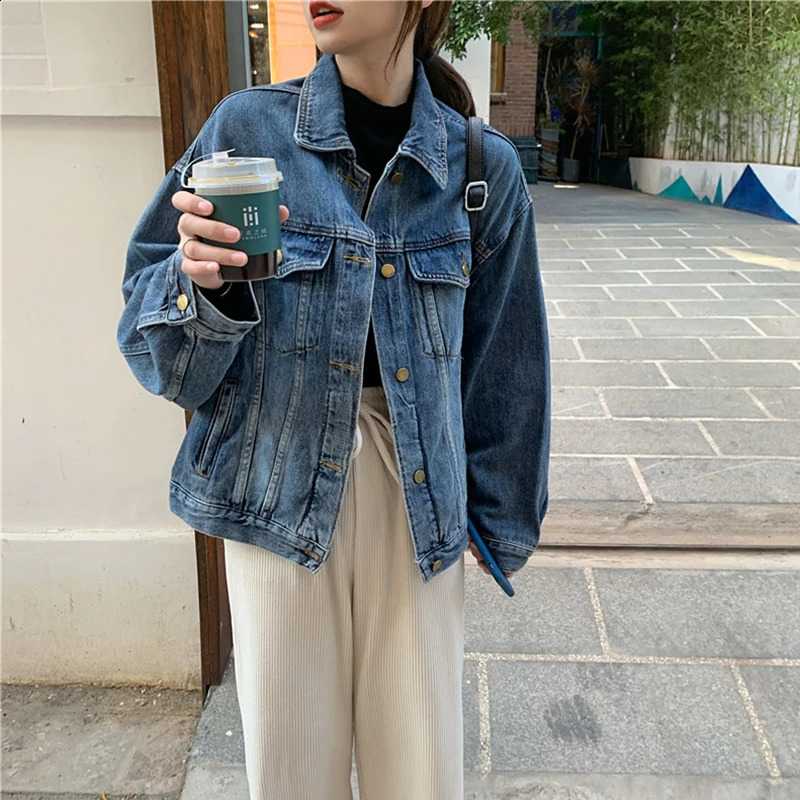 Veste en jean bleu pour femmes printemps automne couleur solide en baisse de jean décontracté simple simple poitrine de vêtements d'extérieur pol