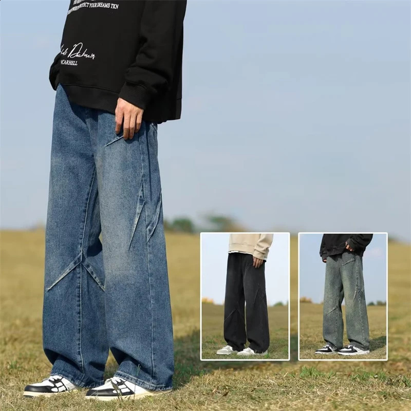 Y2K Vintage bleu large jambe de jambe masculine coréen mode Baggy pantalon en jean streetwear pantalon patchwork lavé 240823