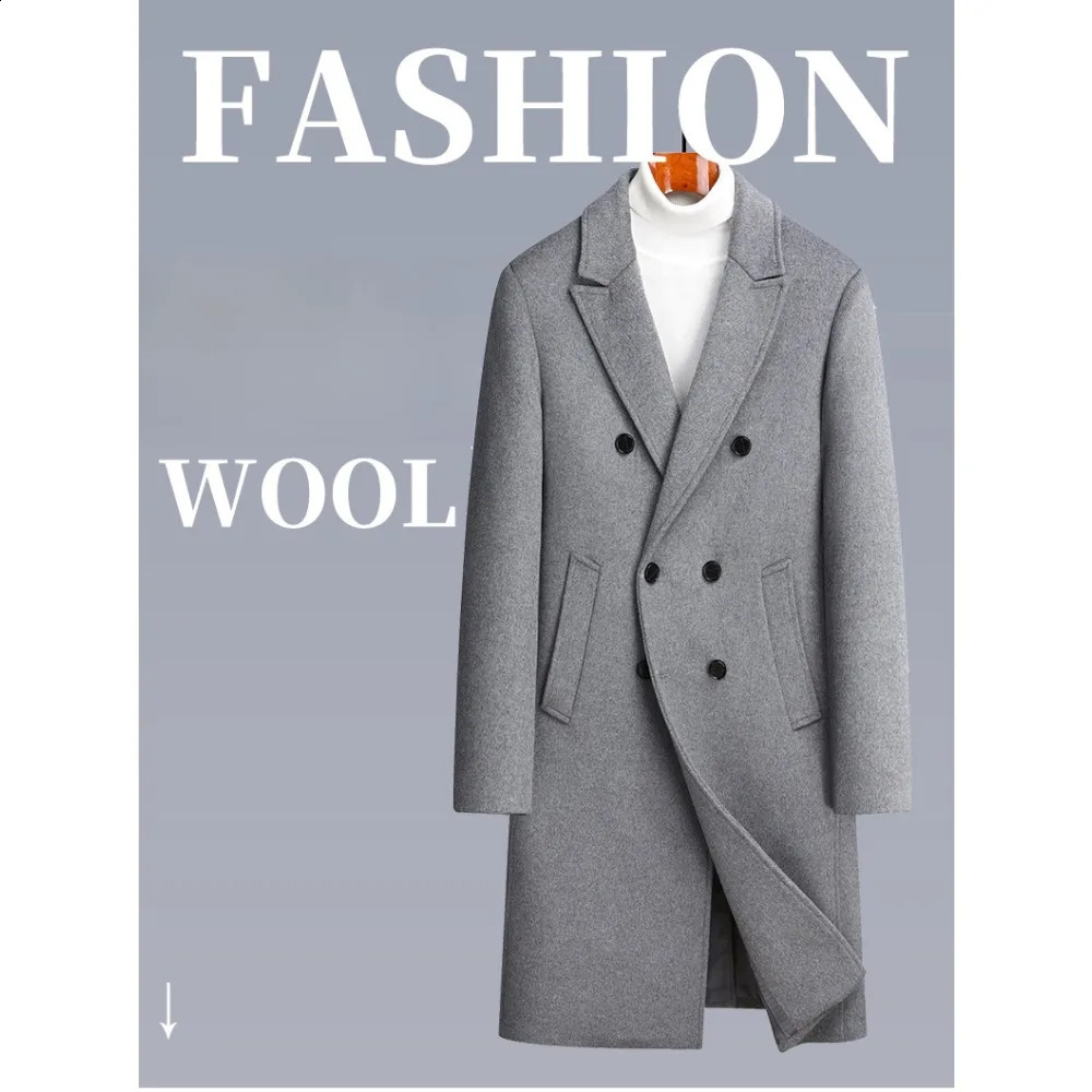 Autumn and Winter Sheepwool Coat Mens Long Doublebreasted Woolen Casual Suit Collar Men Coats 240823