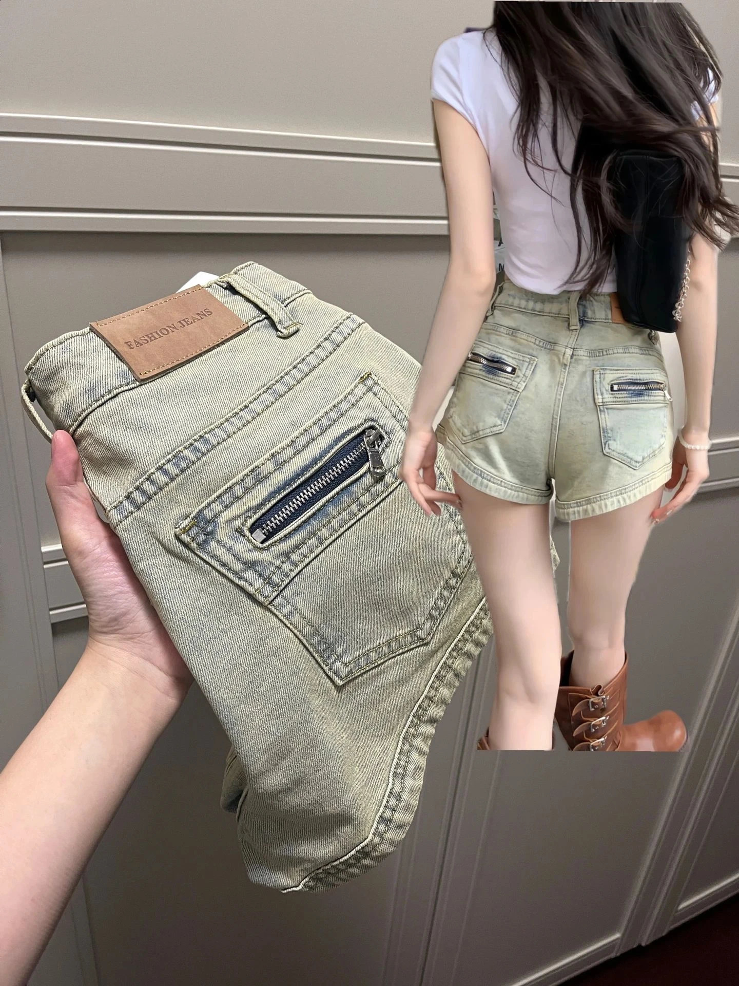 Spicy retro tight denim shorts womens summer pants small stature high waist sexy A-line straight leg wide leg pant 240823