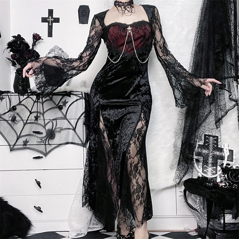 Halloween Gothic Womens Long Sleeve High Waist Dress Gothic Aesthetics 90s Egirl Sexy Ultra Thin Party Club Dress CF22166 240823 ww