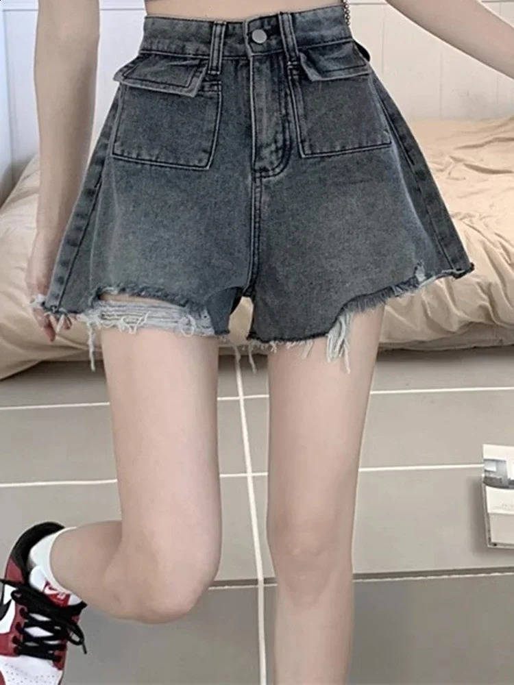Lady High Waist Trashy Y2K 2000S Shorts en jean coréen pantalon déchirant en liberté femelle Jeans de jambe large bleu plus taille 240823