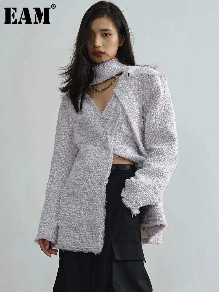 Loose strapless elegant plus size coarse tweed jacket with scarf collar long sleeved womens coat fashionable spring and autumn 2024 1DH3197 240823
