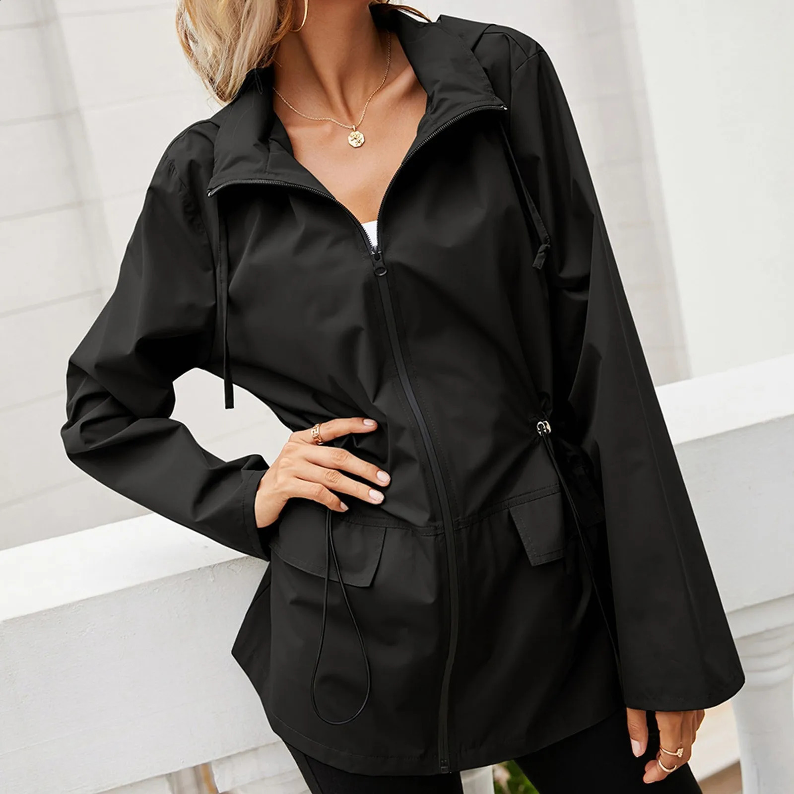 Womens hooded sweatshirt zipper raincoat autumn and winter outdoor sports windproof jacket casual commuting womens wool coat hooded sweatshirt 24082