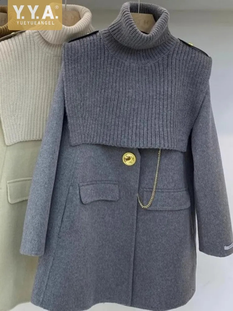 Womens double-sided wool coat fashionable solid color single button long sleeved medium length elegant autumn and winter womens coat 240824